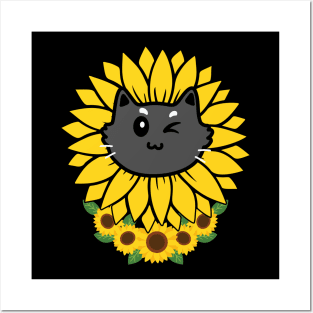 Black Cat In Sunflower Posters and Art